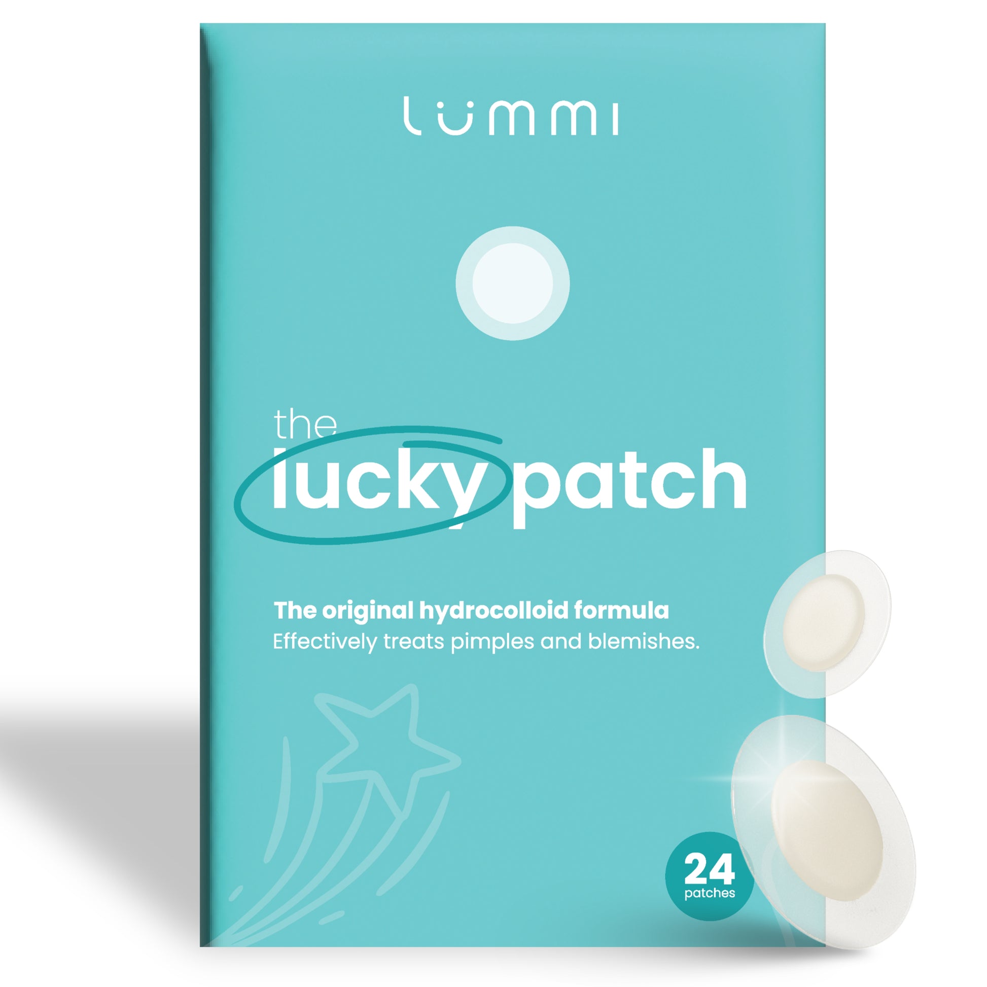 Lummi lucky patch packaging with a blue background