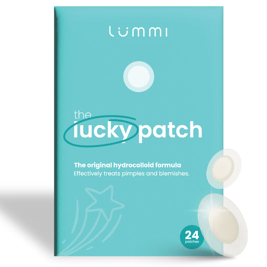 Lummi lucky patch packaging with a blue background